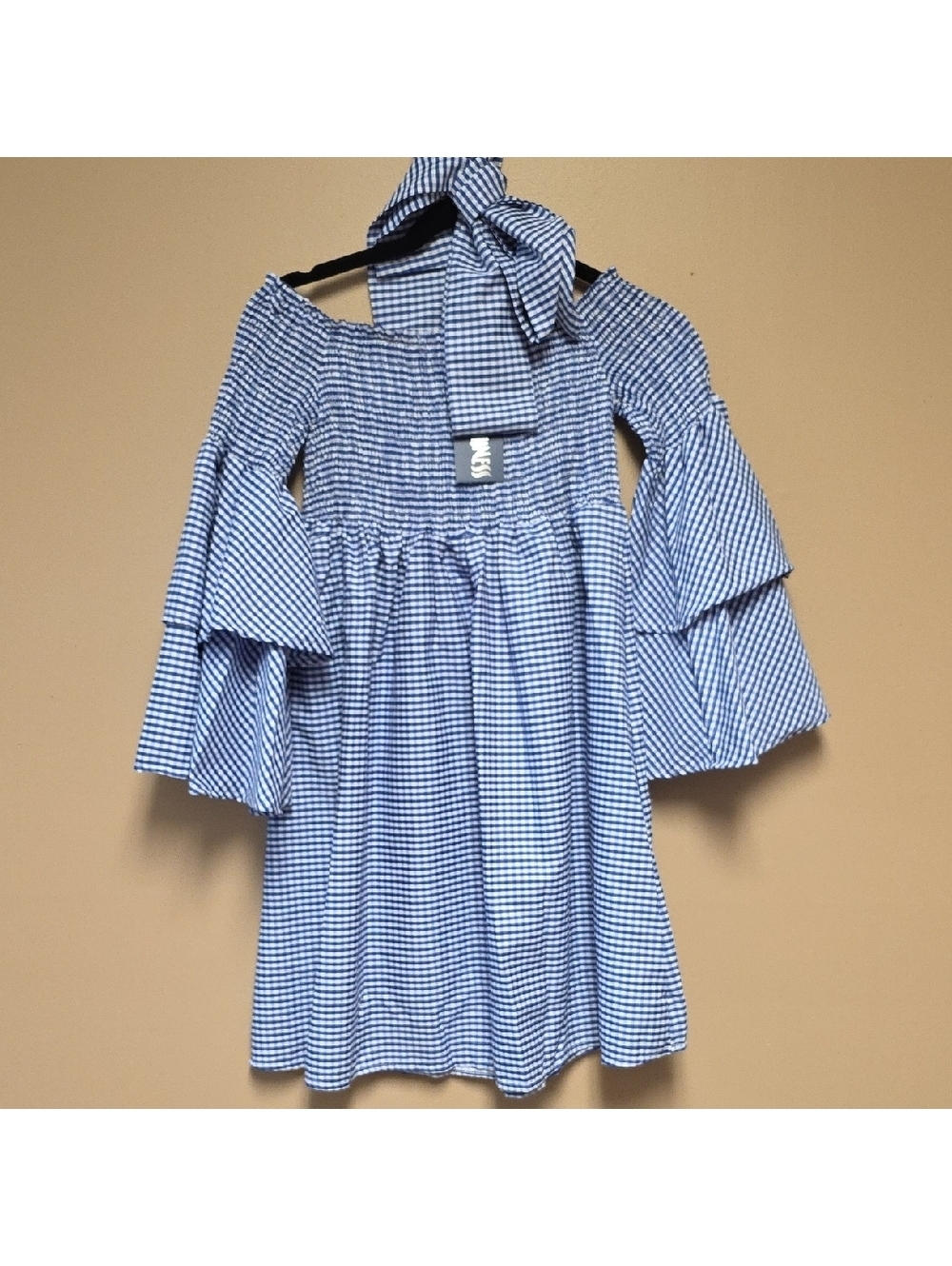 Blue Gingham Off-Shoulder Mini Dress